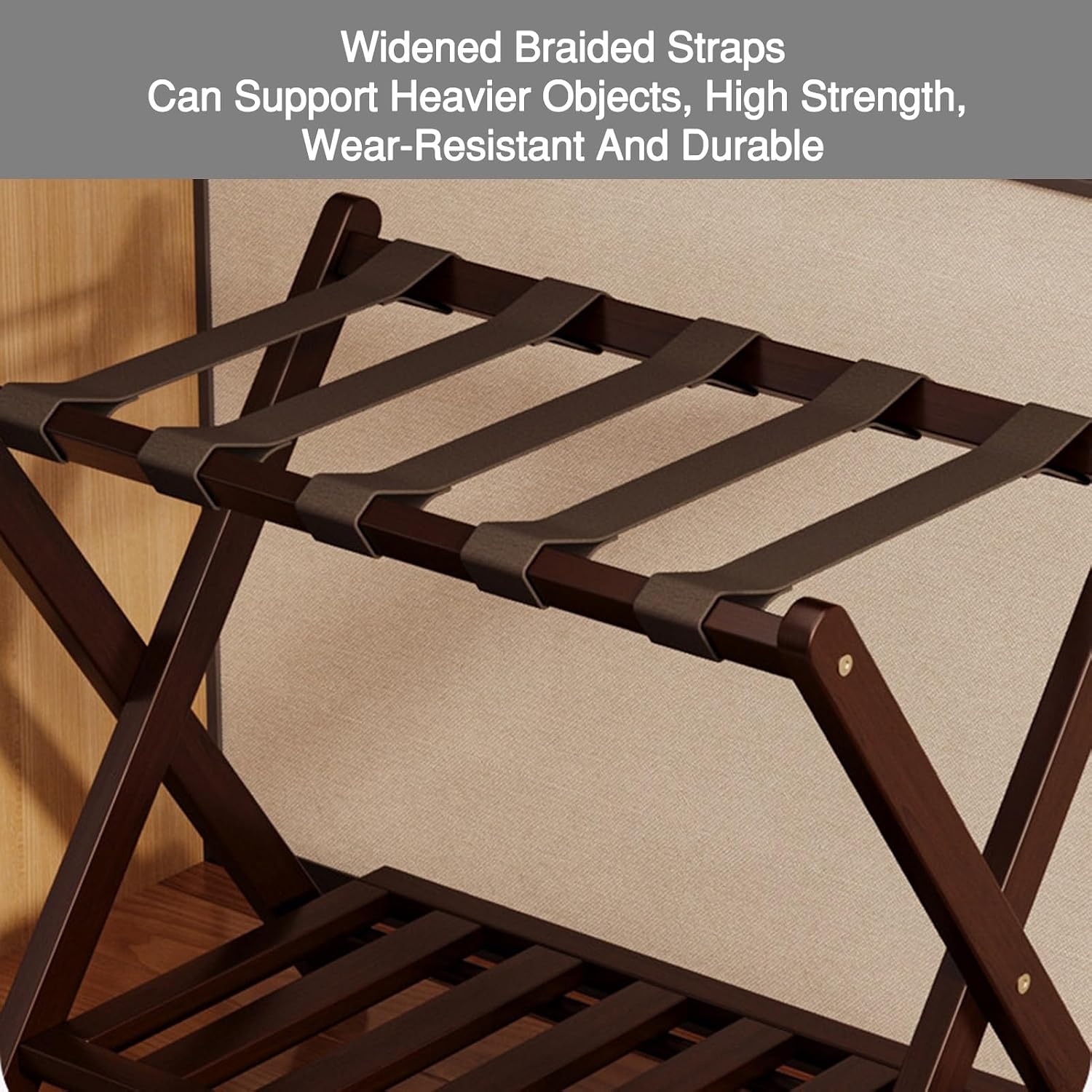 Double-layer Luggage Rack, Folding Luggage Holder, Space-saving, Suitable for Guest Rooms and Bedrooms(Wood color)