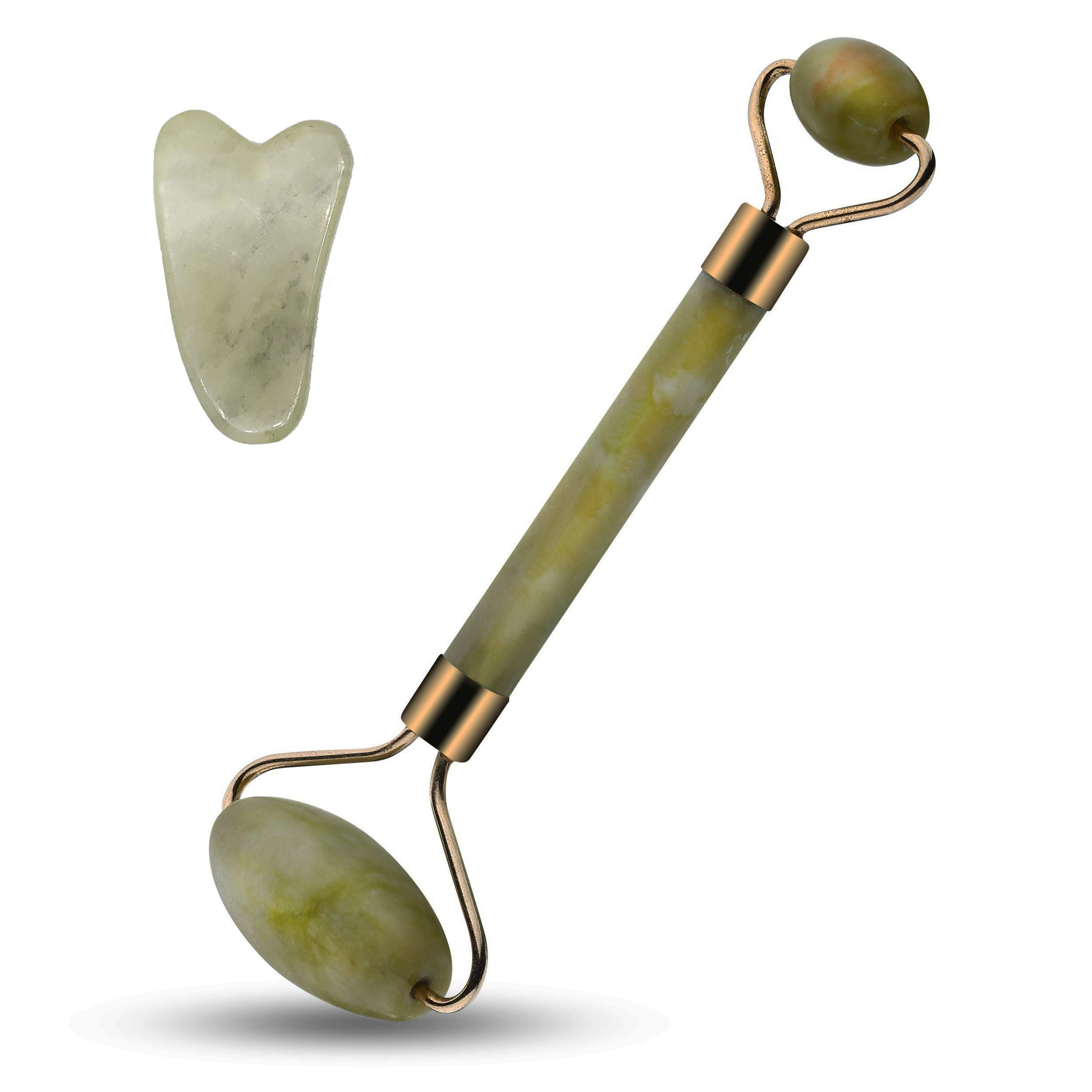 Premium Quality Double Headed Jade Roller and Gua Sha Set- 100% Pure and Natural Jade- Rejuvenate and Firm Skin- Reduces Wrinkles- Face Eye and Neck Jade Stone Beauty Tool with Travel Bag
