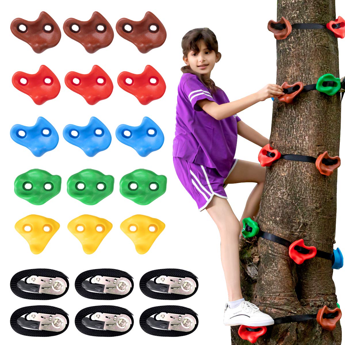 Ninja Tree Climbing Holds and 6 Sturdy Ratchet Straps for Kids Tree Climbing