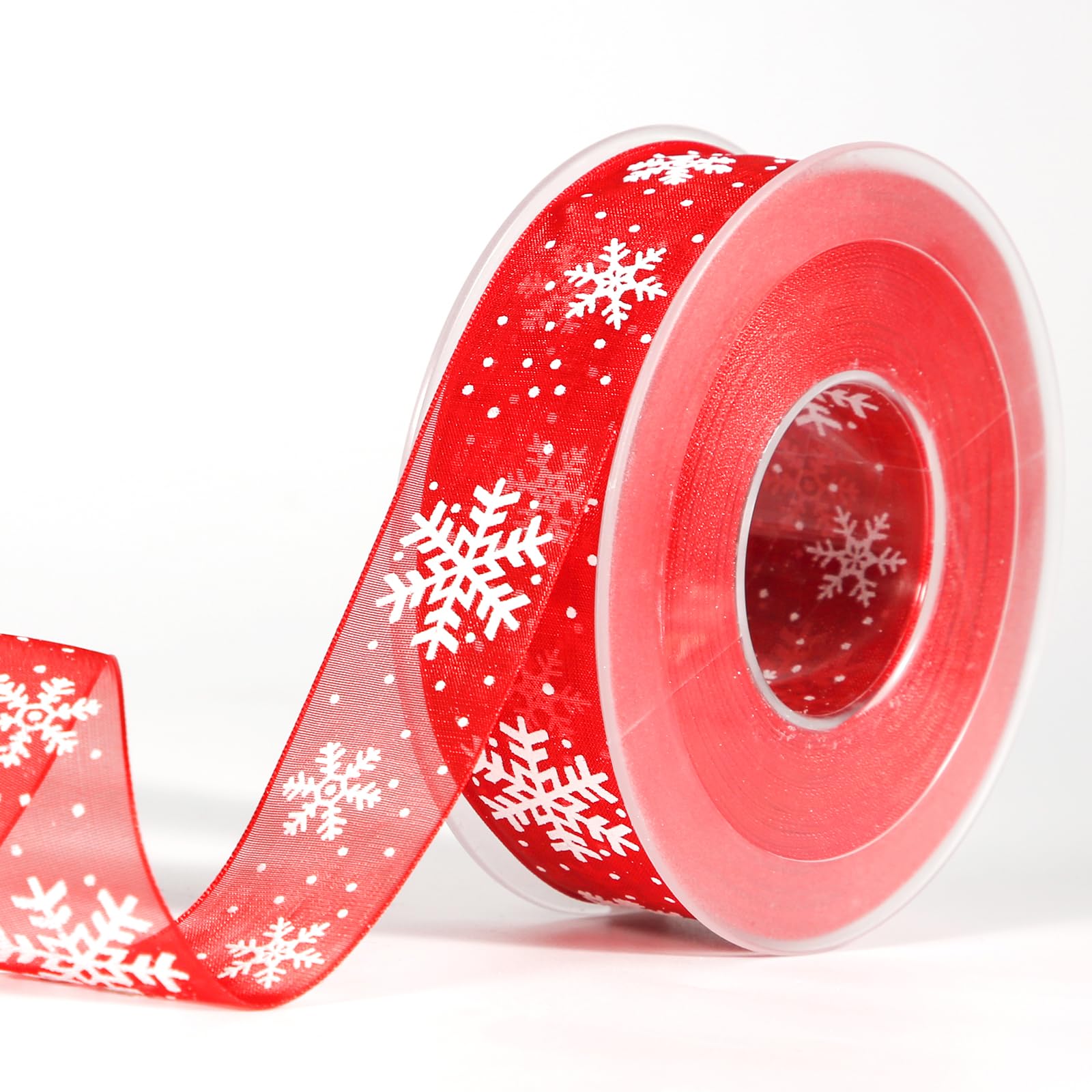 Christmas Ribbon 22yards x 1 inch, Red Thin Snowflake White Wired Ribbon 25mm Wide