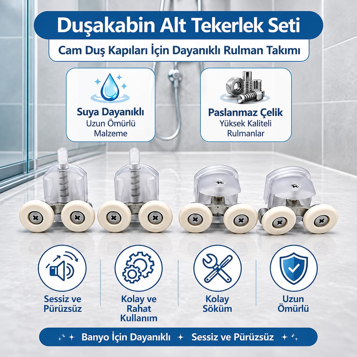 VIVALUXE Duşakabin Kapı Tekerleği Seti, 4'lü Alt/Üst Duş Kapısı Rulmanı, Cam Duşakabin Sürgü Tekerlek Takımı, Sessiz Kayar, Paslanmaz Vidalı, Kolay Montaj, Dayanıklı, Evrensel Uyumlu Yedek Parça Seti.