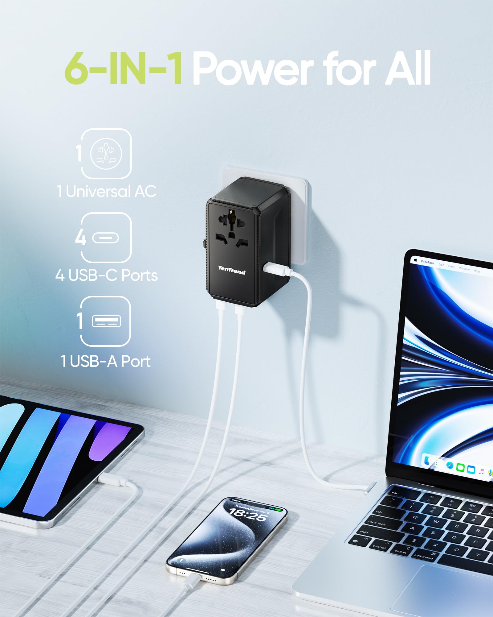 TenTrend - Adattatore da viaggio universale, adattatore CA internazionale da 140 W con 4 porte USB-C e 1 porta USB-A, adattatore spina da viaggio europea, essenziale in tutto il mondo