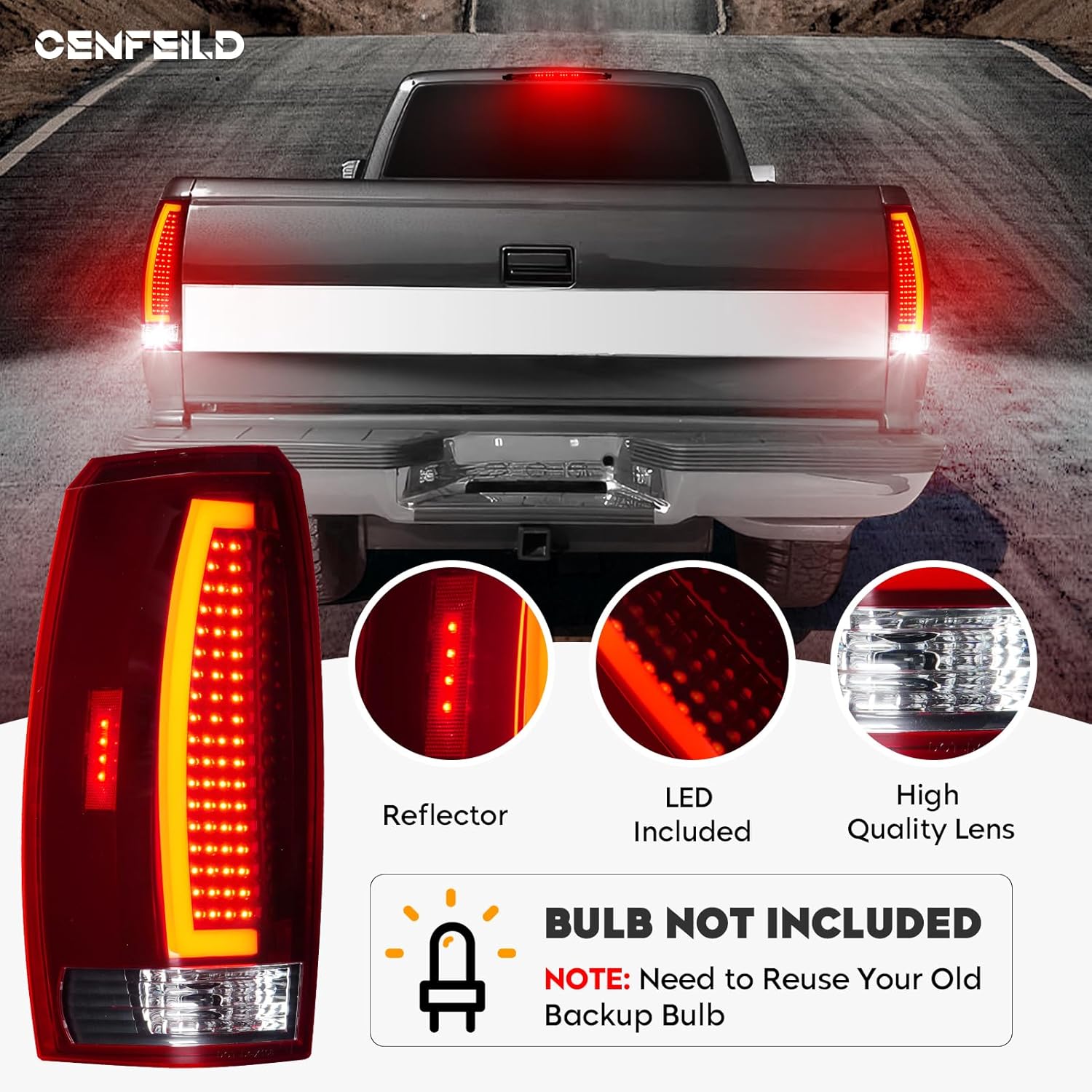 led tail light assembly + 3rd third brake cargo lamp fit for chevy avalanche 2007-2012 rear taillight, high mount stop light black housing red lens, 3 pcs