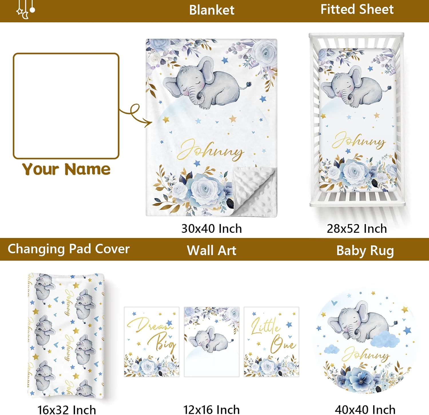 Terwex Personalized Baby Crib Set, 5 Pcs Custom Name Bedding for Girls Boys - Nursery Crib Sets, Soft Toddler Sets for Infant Customized Gifts, Blue Elephant