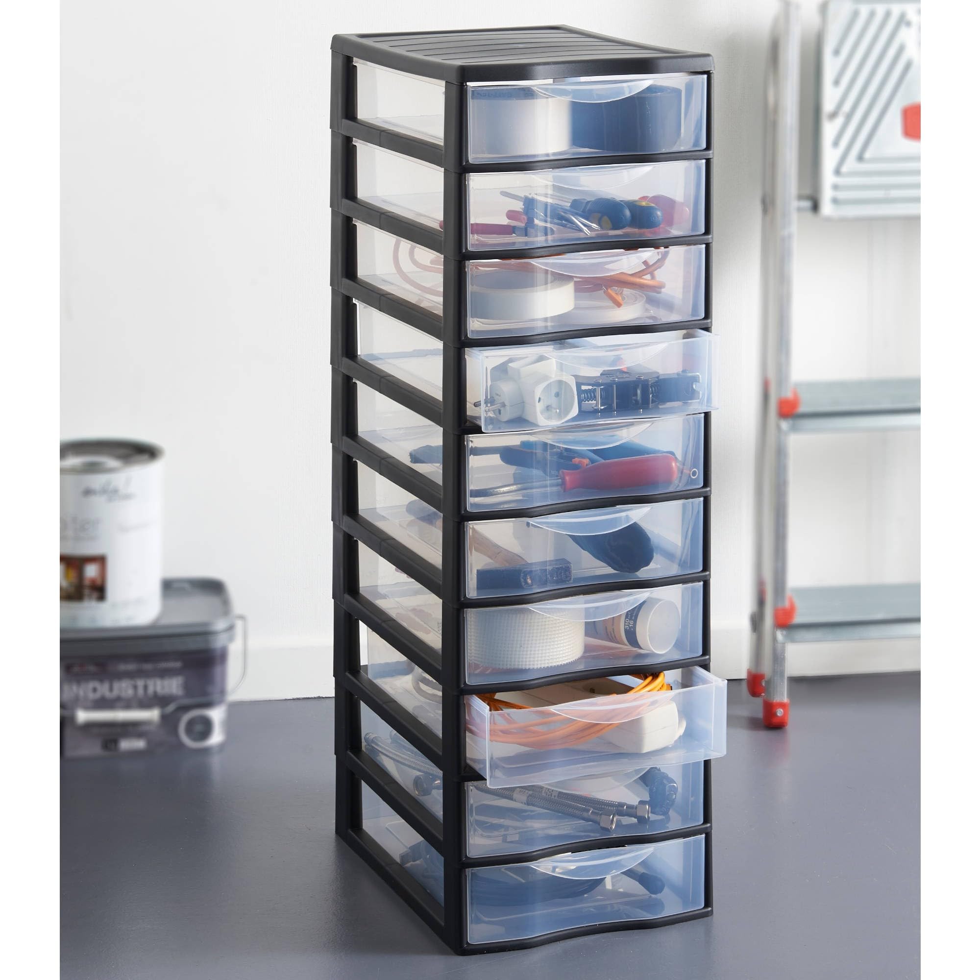 SUNDIS Orgamix, lot de 2 tours de rangement en plastique noir, 10 tiroirs transparents format papier A4, hauteur 81,5 cm, idéales rangement bureau, cours, documents, fournitures, accessoires