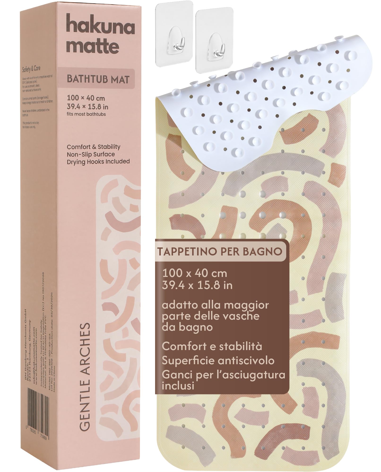 Hakuna Matte Gentle Arcs - Tappetino da bagno per bambini, antiscivolo, 100 x 40 cm, con gancio, antiscivolo, senza BPA