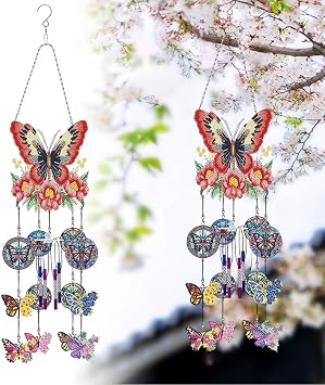 Diamond Art Painting Wind Chimes,Suncatcher Art Wind Chime Kit Double Sided 5D Butterfly and Hummingbird Hanging Ornament for Adults Home Garden,DIY Crystal Wind Chimes Pendant Kit Butterfly B