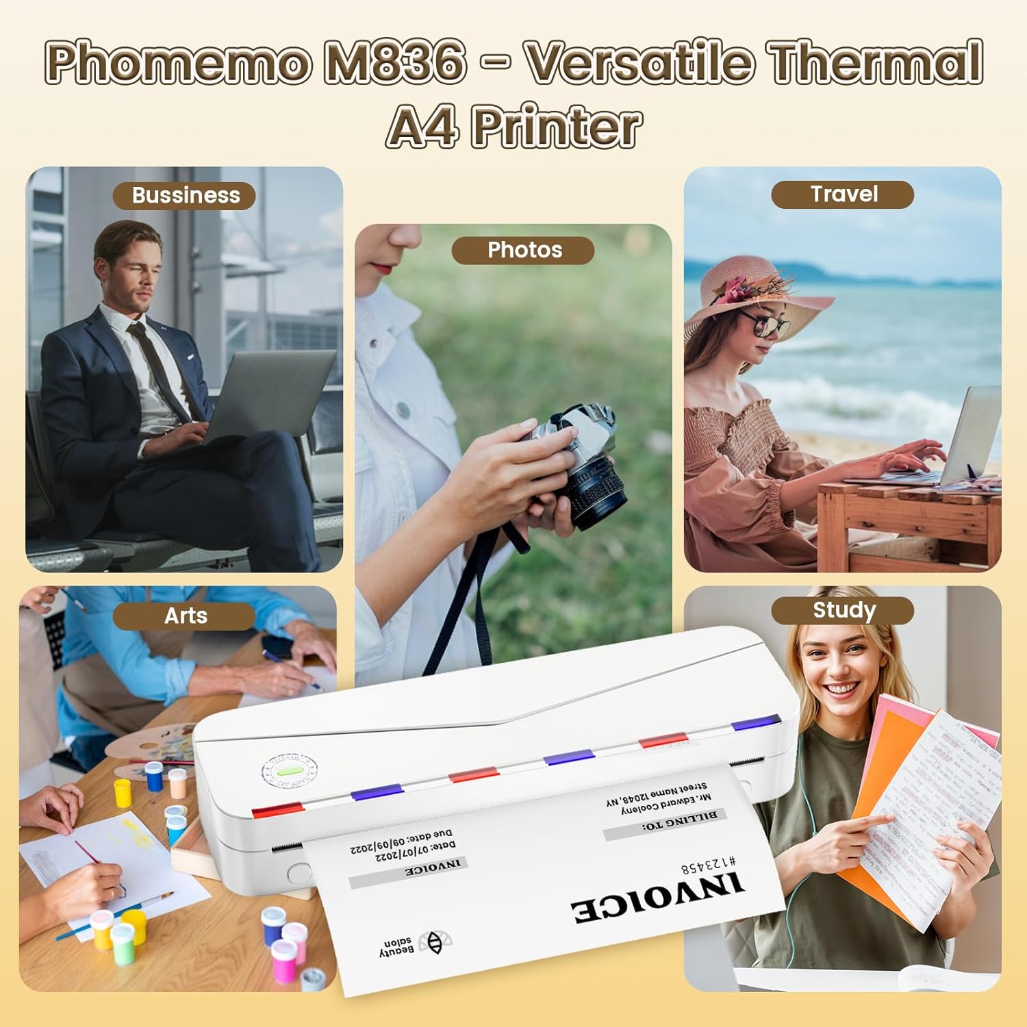 Phomemo Portable Thermal Printers for Travel, Inkless Portable Printer Support 8.5'' x 11'' US Letter Size, Wireless Printer Compatible with iOS, Android & Laptop for Office,Home,