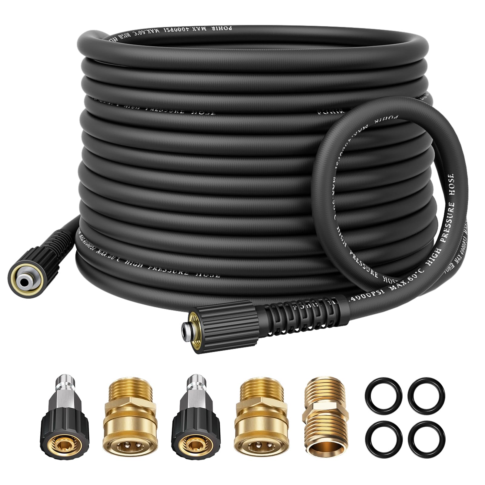 POHIR Pressure Washer Hose 50ft with M22&14mm Connects, 4000PSI Resistant Replacement Hose, Electric Power Washing Hose with M22 to 3/8 Quick Connect Set and Extension Adapter for Cleaning