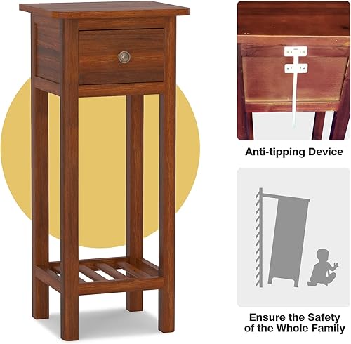 Miniatura 5 de GORELAX Mesa auxiliar estrecha, mesita de noche alta con cajón y estante, mesita de noche pequeña con dispositivo antivuelco, sin montaje, mesa