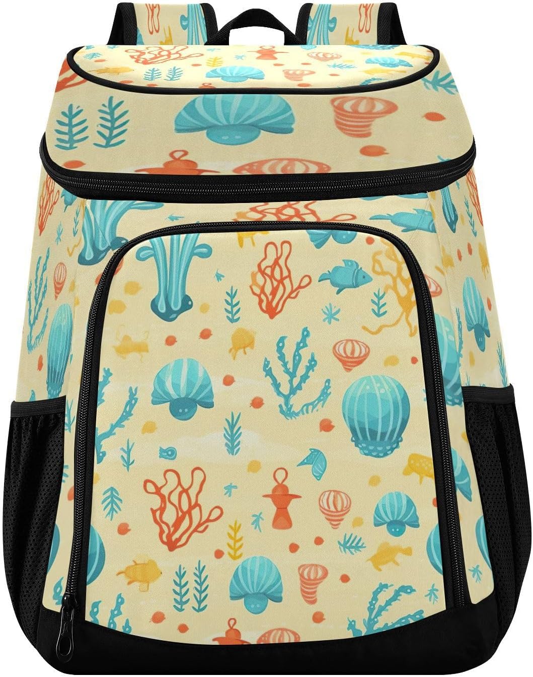 Ocean Life Pattern Cooler Backpack 36 Cans Leakproof Waterproof Backpack Cooler Bag Beach Accessories Travel Camping Fishing Backpack for Women Men