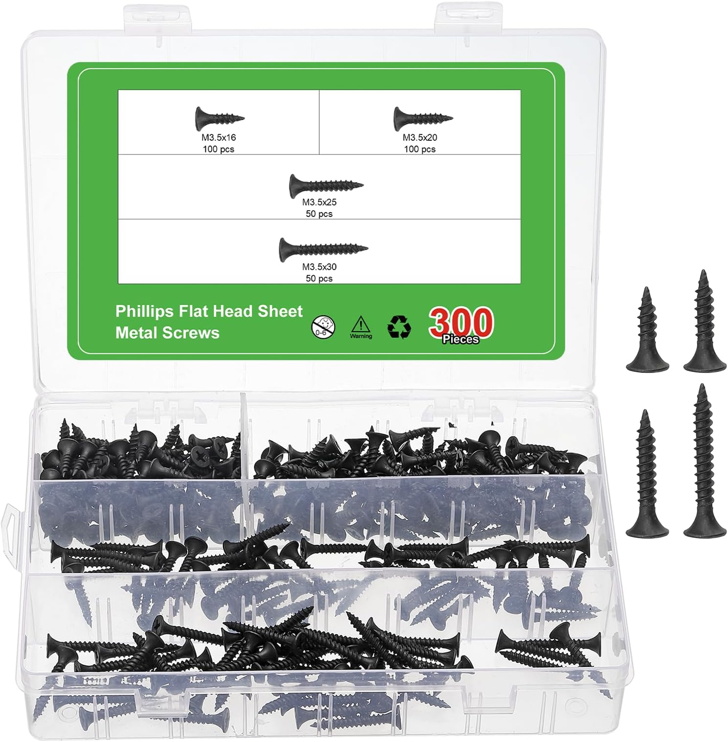sourcing map 300pcs M3.5 Phillips Flat Head Sheet Metal Screws, M3.5x16/20/25/30mm Carbon Steel Cross Drive Self Tapping Wood Screws Chipboard Screw for Sheet Metal, Wood, Black