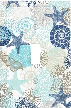 Nautical Coastal Beach Light Switch Cover Decorative | Blue Starfish Teal Seashell Coral 1 Gang Single Toggle Wall Plate Electrical Faceplate for Bathroom Kitchen Bedroom 5" x 3"
