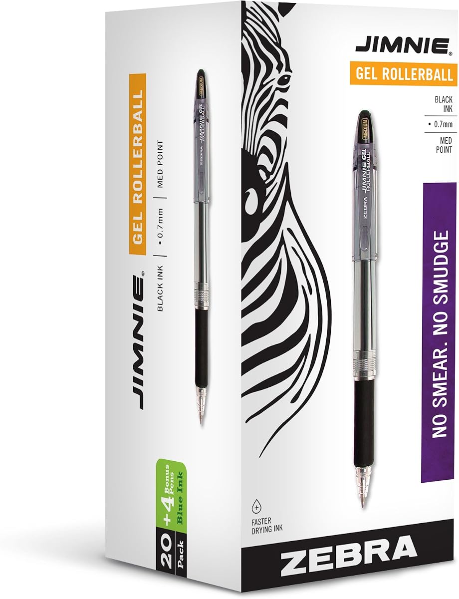 Zebra Pen Jimnie Rollerball bolígrafos de gel, punta media de 0,7 mm, 24 unidades (20 negros, 4 azules) | Tinta de secado rápido, resistente a manchas y manchas, recargable, punta de punta media, ideal para tomar notas y útiles escolares (14410)