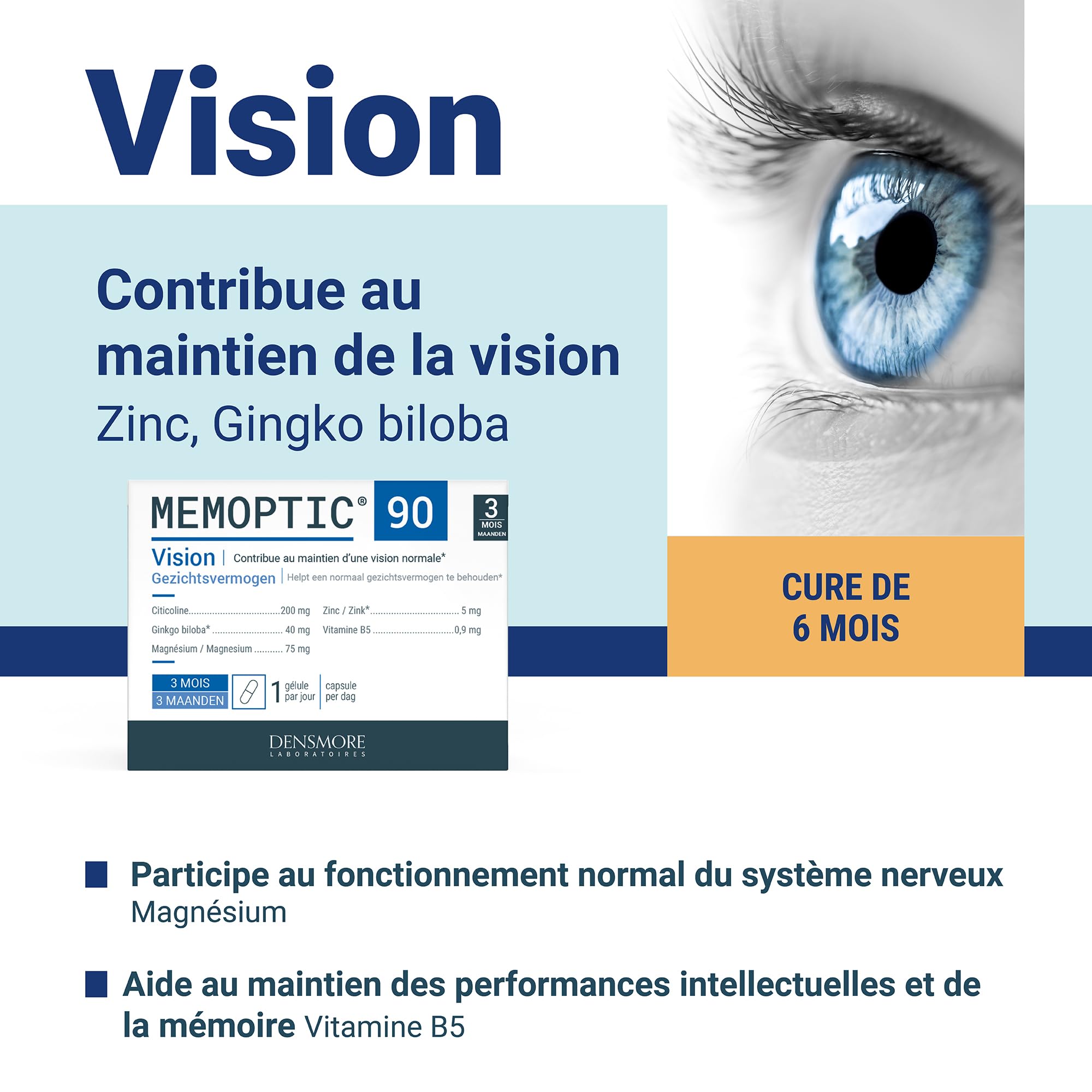 Densmore - Cure de 6 mois - MEMOPTIC - Complément Alimentaire Mémoire et Vision à base de Citicoline - Ginkgo biloba - Magnésium - Vitamine B5 - Zinc - 180 gélules - Fabriqué en France