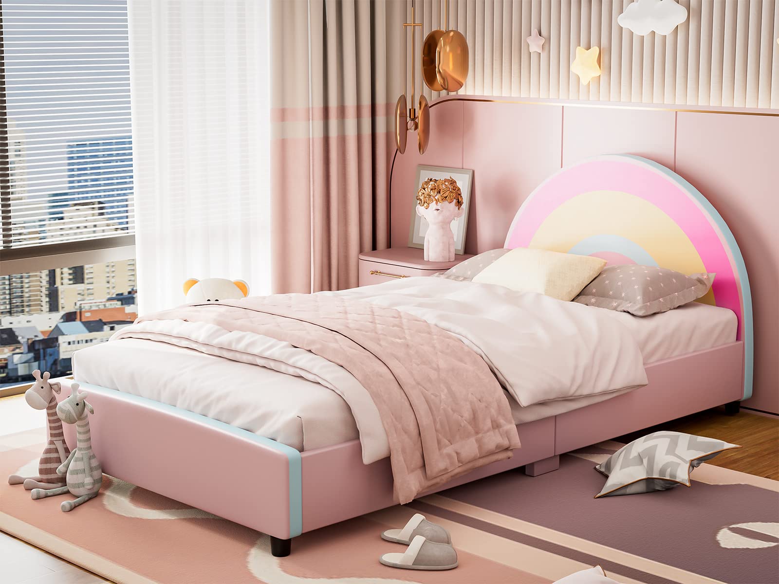 JOINATRE Pink Kids Bed Frame for Girls - Twin Platform Bed With Rainbow Headboard, Cute Princess Upholstered Design, Solid Wood Slats, No Box Spring Needed