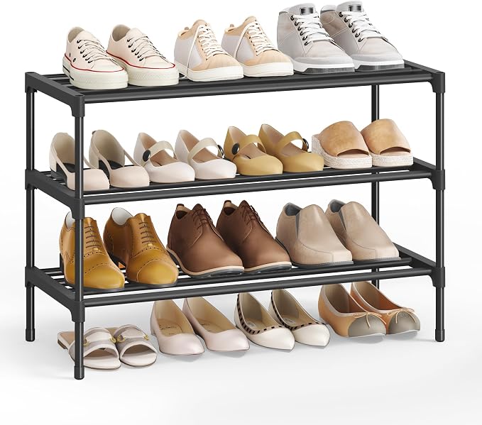 SONGMICS 3-Tier Shoe Rack for Closet, Compact Metal Shoe Organizer Shelf for Entryway, Bedroom, Small Spaces, Stackable, 30 x 62.3 x 48.5 cm, Black ULSA123BH01