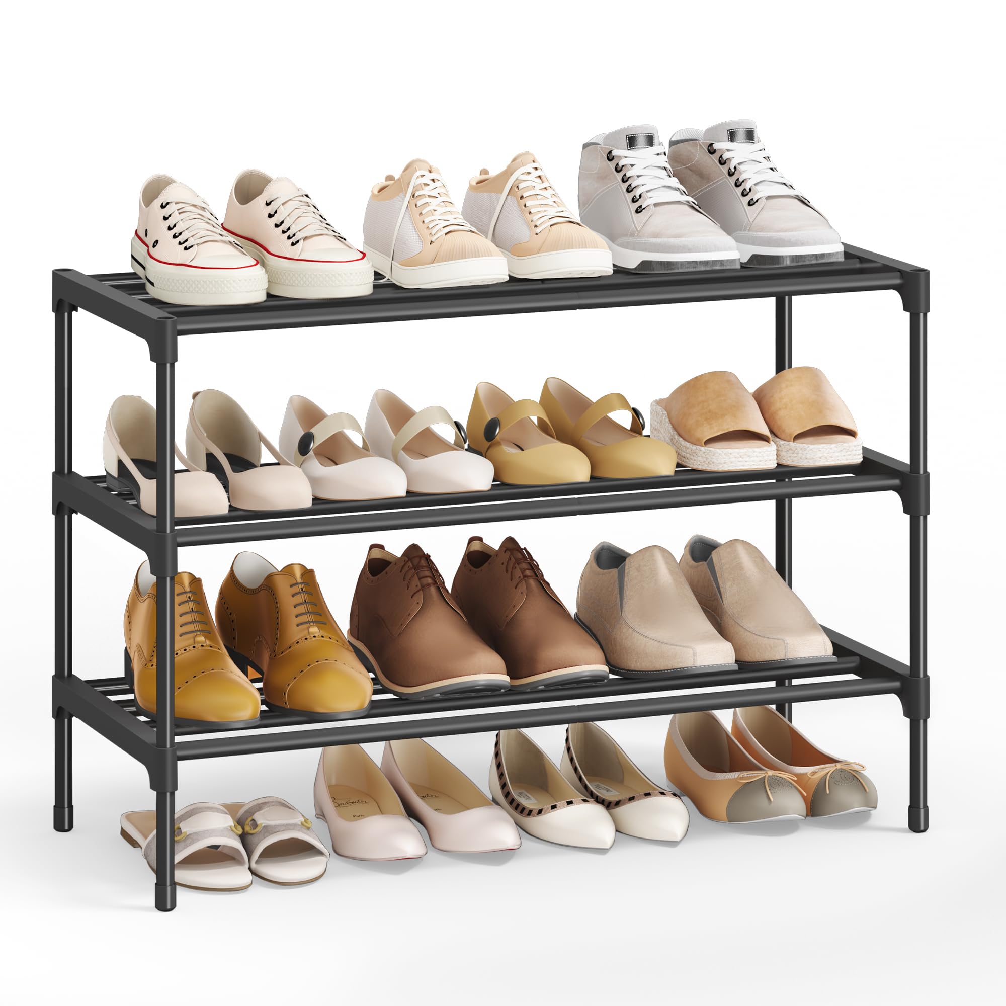 SONGMICS Shoe Rack 3 Tier Shoe Rack Narrow Shoe Organizer Metal Hallway Living Room Wardrobe Space Saving Stackable 30x62.3x48.5cm Black LSA123BH01