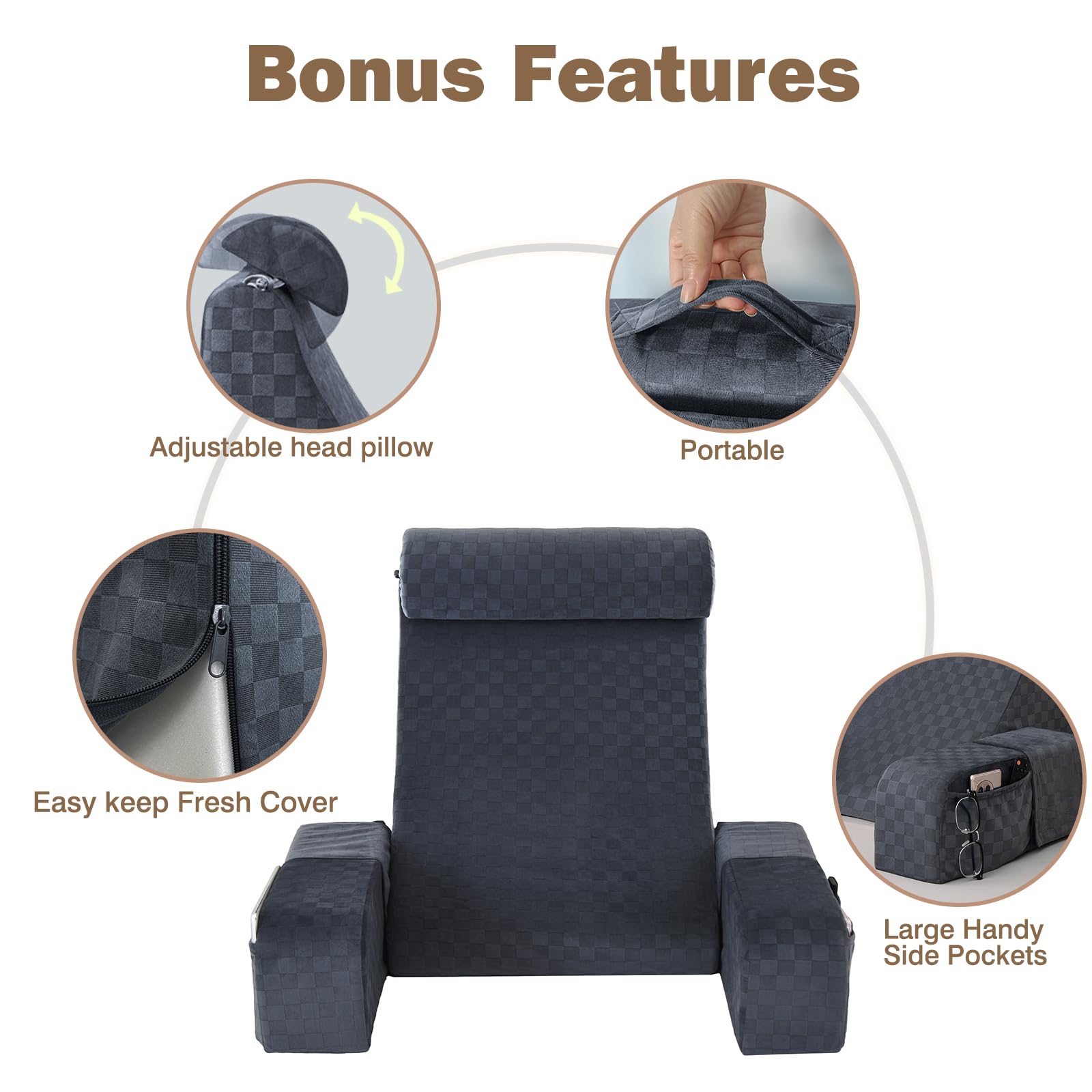 Vekkia 21" Lesekissen für Bett und Sofa, Lesekissen mit Rückenlehne für Erwachsene, Armlehnen, Großen Taschen, Ideal zum Entspannen, Fernsehen, Stillen, zur Erholung und zum Spielen, Schwarz Grau