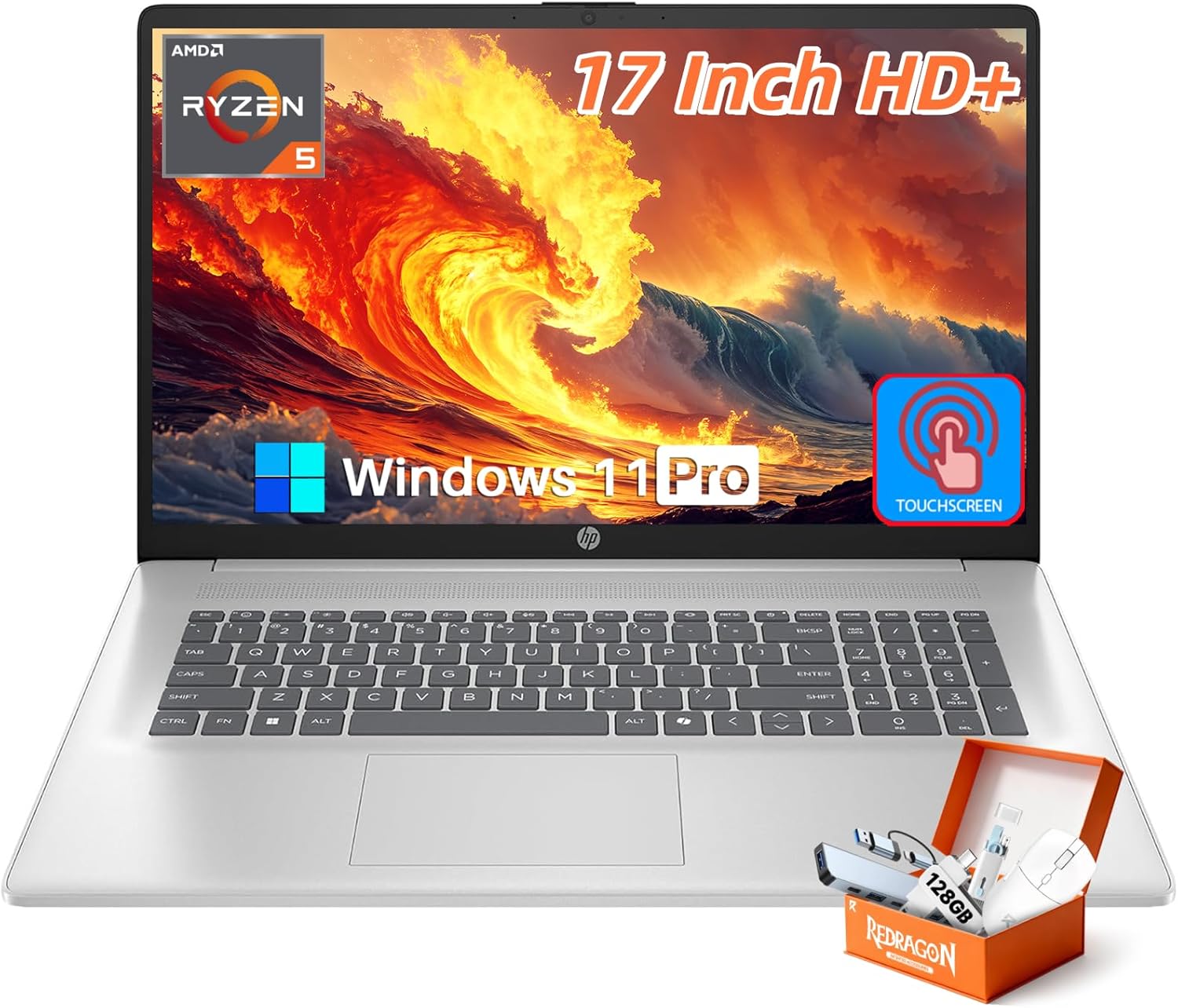 HP 17 Inch Touchscreen Laptop Computer for Business, AMD Ryzen 5 7430U, 17.3" HD+ Anti-Glare Display, 16 GB RAM, 1 TB SSD, Copilot AI, Wi-Fi 6, Bluetooth 5.4, Fast Charge, Windows 11 Pro, Accessories