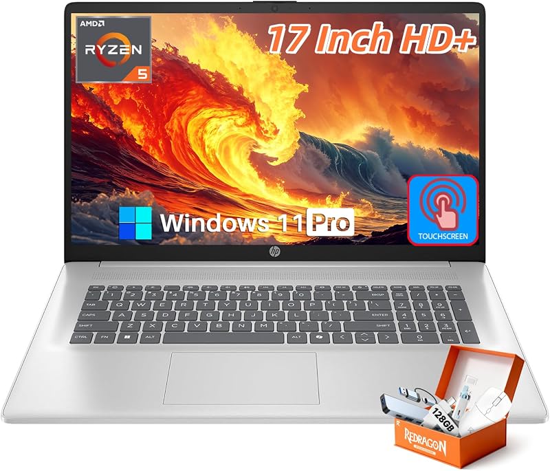 Computadora portátil HP con pantalla táctil de 17 pulgadas para empresas, AMD Ryzen 5 7430U, pantalla antirreflejos HD+ de 17.3", 16 GB de RAM, 1 TB SSD, Copilot AI, Wi-Fi 6, Bluetooth 5.4, carga rápida, Windows 11 Pro, accesorios