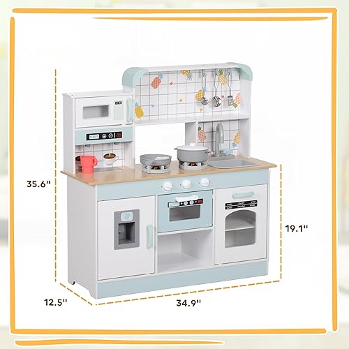 Miniatura 7 de Qaba Juego de cocina, juego de cocina para niños, juego de cocina con máquina de café, máquina de hielo, estufa, microondas, horno, sonido y luces