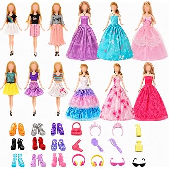 Dolls Clothing and Accessories Set for 11.5 Inch Fashion Dolls Dresses Shoes Bags Crown Glasses and Beauty Accessories Doll Outfits for Dressing and Role Play Gift for Children
