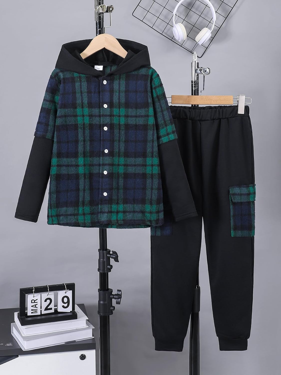 PureChapter Boys Pants Sets Long Sleeve Hooded Fleece Plaid Pullover Pants 2Pcs Outfit Set Casual Sets for Big Boys - Image 5