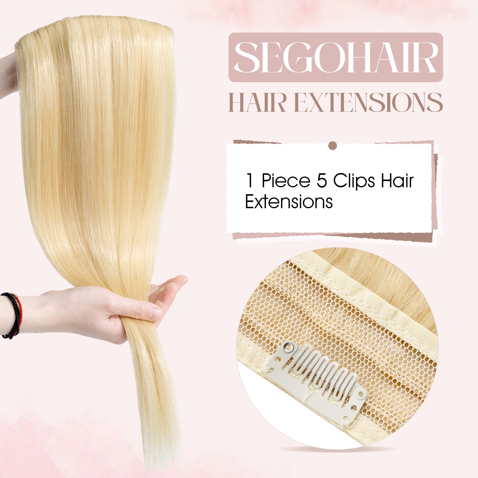 SEGOHAIR Clip in Hair Extensions, Real Human Remy Hair, 20" One Piece, Seamless, Bleach Blonde (50g) - Image 2