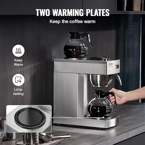 Miniatura 3 de VEVOR Cafetera de goteo comercial de 12 tazas, cafetera con 2 jarras de vidrio y 2 platos calentadores, cafetera de acero inoxidable para