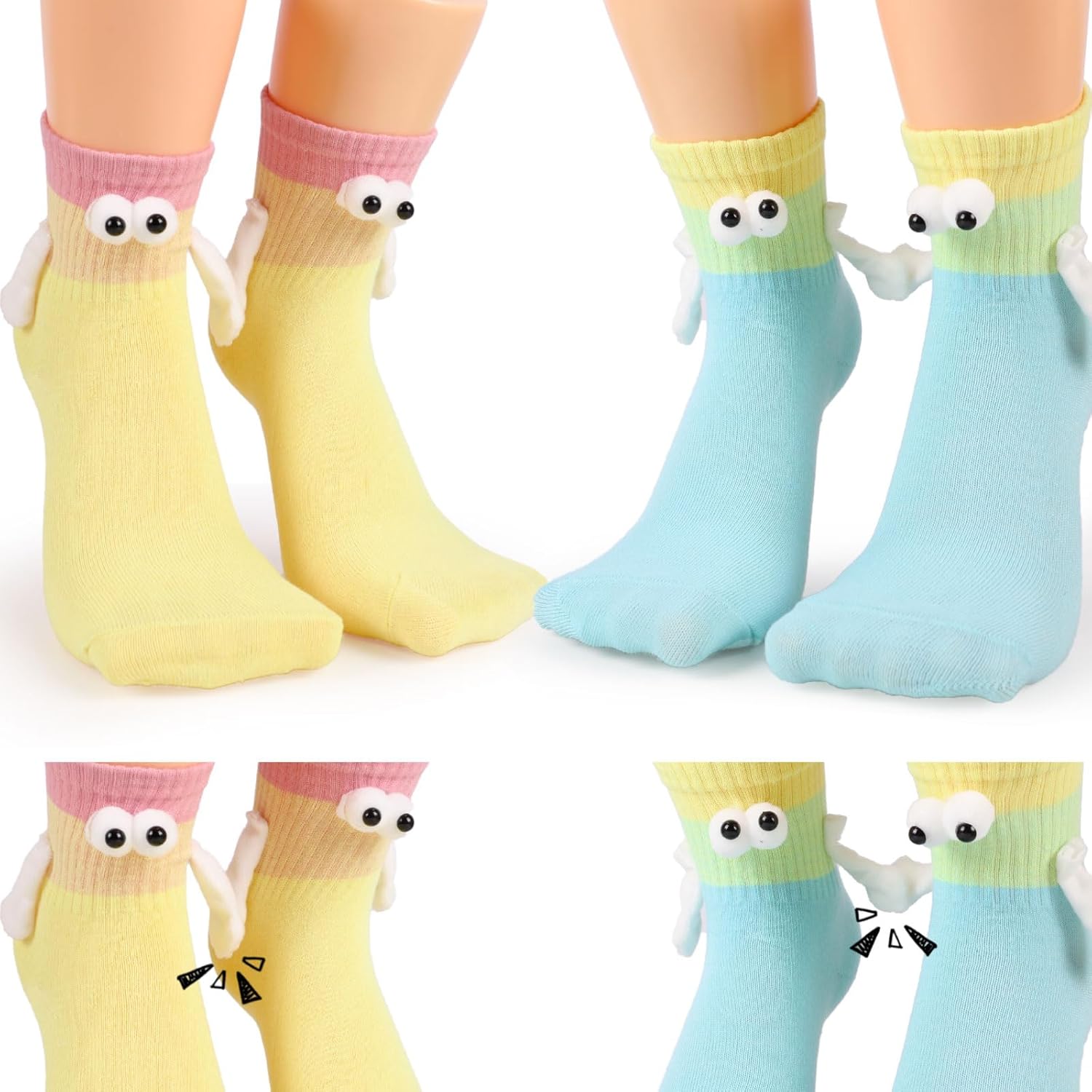 2 Pairs Easter Magnetic Hand Holding Socks, Funny 3D Doll, Cute Mid-Tube Couple Socks Festival Gifts for Women Men Bestie Lovers - Yellow Blue