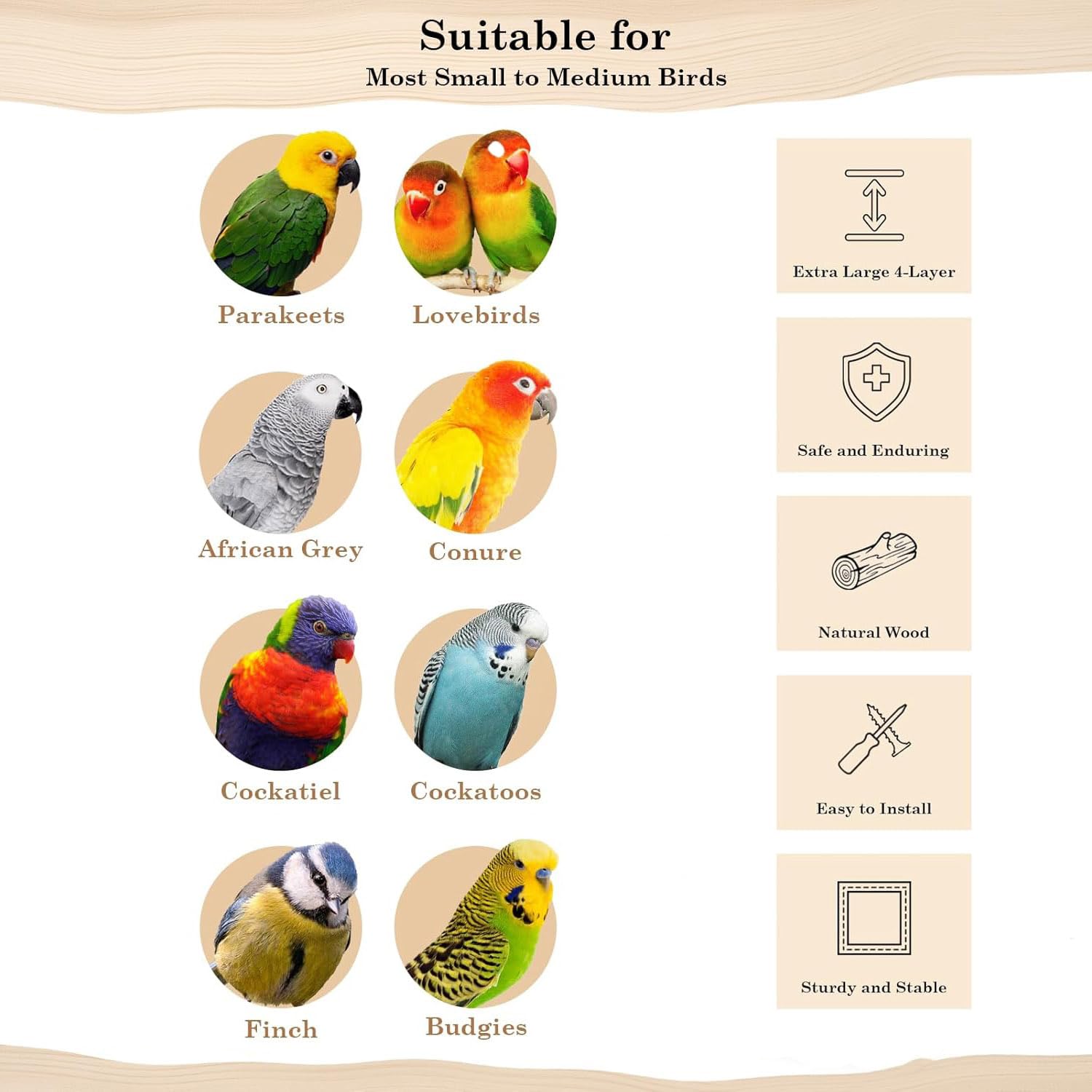 Parque Infantil de Cacatúas,con Comederos de Acero Inoxidable, Cadena de Plástico de Colores para Mascotas, para Loros y Otros Pájaros