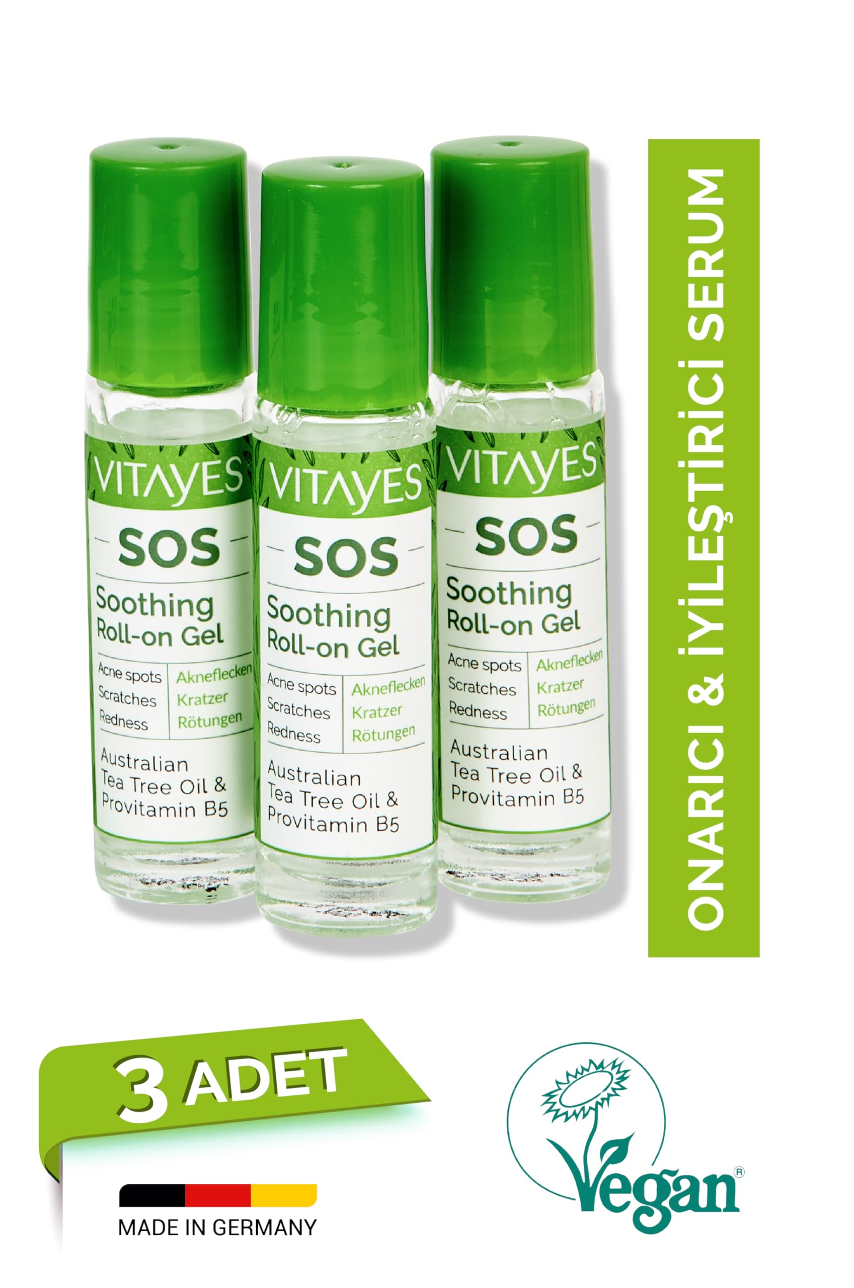 Vitayes SOS BIO Huile essentielle d'arbre à thé 3 x 10 ml – Huile essentielle contre les boutons, l'acné et les imperfections – Stylo roll-on avec vitamine B5 – Végétalien et sans cruauté envers les