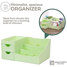 Uncluttered Designs Makeup Organizer With Drawers - Modern Countertop Storage for Cosmetics - Chic Vanity Holder for Perfume, Skincare, Brush, Lipstick, Nail Polish Organization & Display (Green)