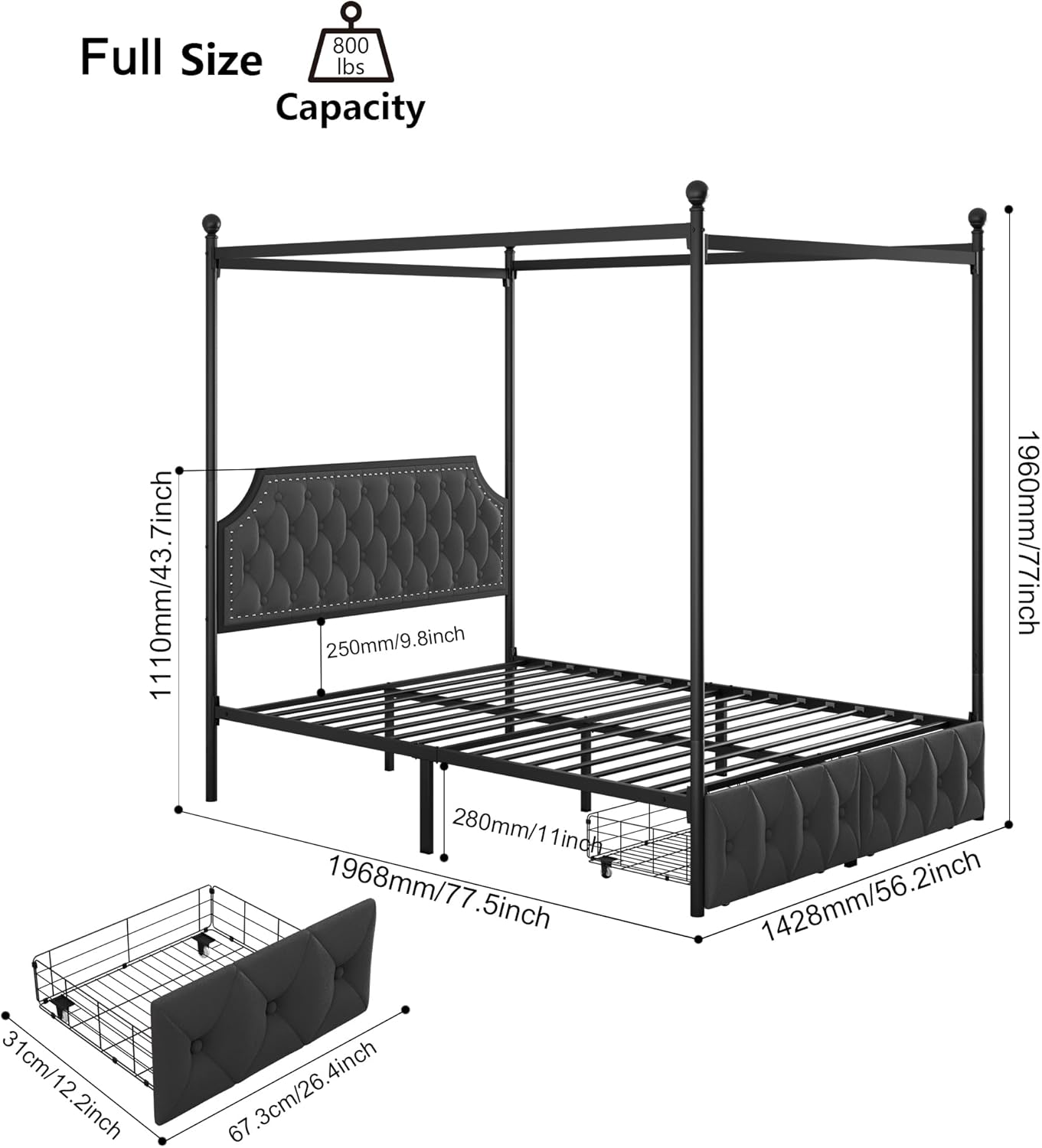 Keyluv Full Upholstered Canopy Bed Frame with 2 Drawers and Button Tufted Headboard Metal Platform Bed with 4 Removable Posts Two-Purpose Velvet Bed No Box Spring Needed Dark Grey/Curtain Not Included