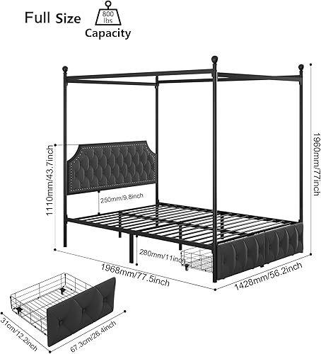 Miniatura 2 de Keyluv Base de cama con dosel tapizado completo con 2 cajones y cabecero copetudo con botones, plataforma de metal con 4 postes extraíbles, cama de