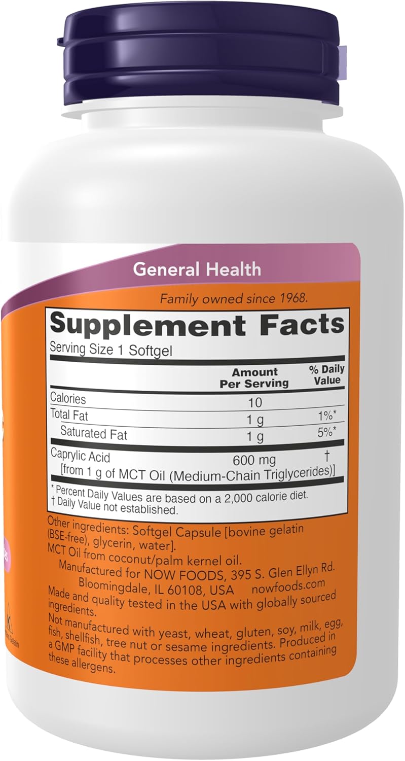 NOW Foods Supplements, Caprylic Acid 600 mg, MCT (Medium-Chain Triglycerides), 100 Softgels - Image 2