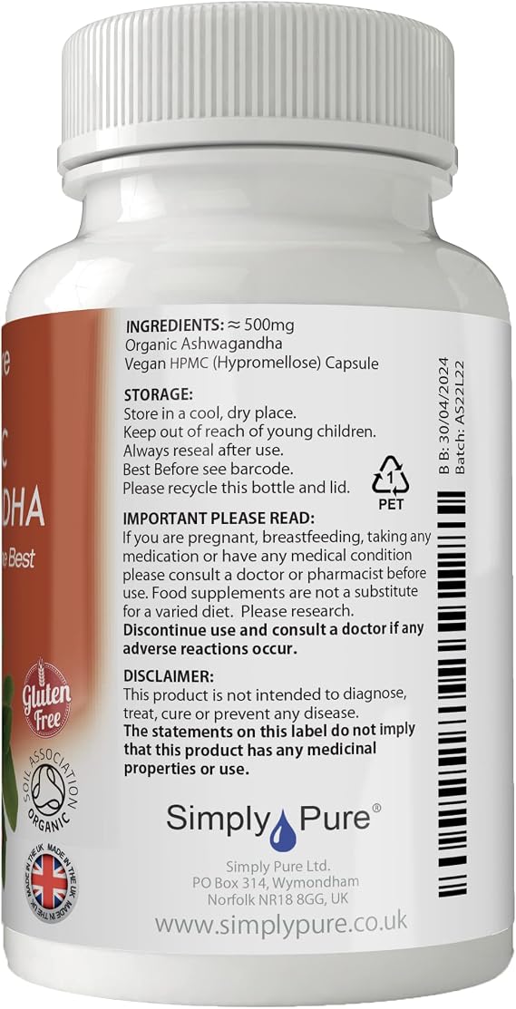 Organic Ashwagandha for Calm, Sleep & Stress Resilience | 500mg Capsules x 90 | 100% Pure Soil Association Certified | High Strength | with Natural KSM-66 | Gluten Free | GM Free | Vegan