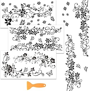 WEBEEDY 3 Pcs Black Flower Vine Rub on Transfer Sticker,5.9x11.8'' Flower Butterfly Furniture Decoration Sticker Decoupage Peel and Stick Wallpaper for Window Wood Glass Wall Art Bedroom Home Decor