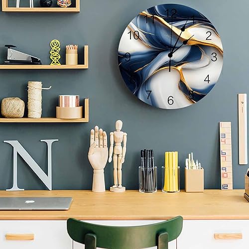 Miniatura 5 de Reloj de pared de PVC de mármol azul dorado para decoración de sala de estar, textura abstracta retro, silencioso, sin tictac, funciona con pilas,