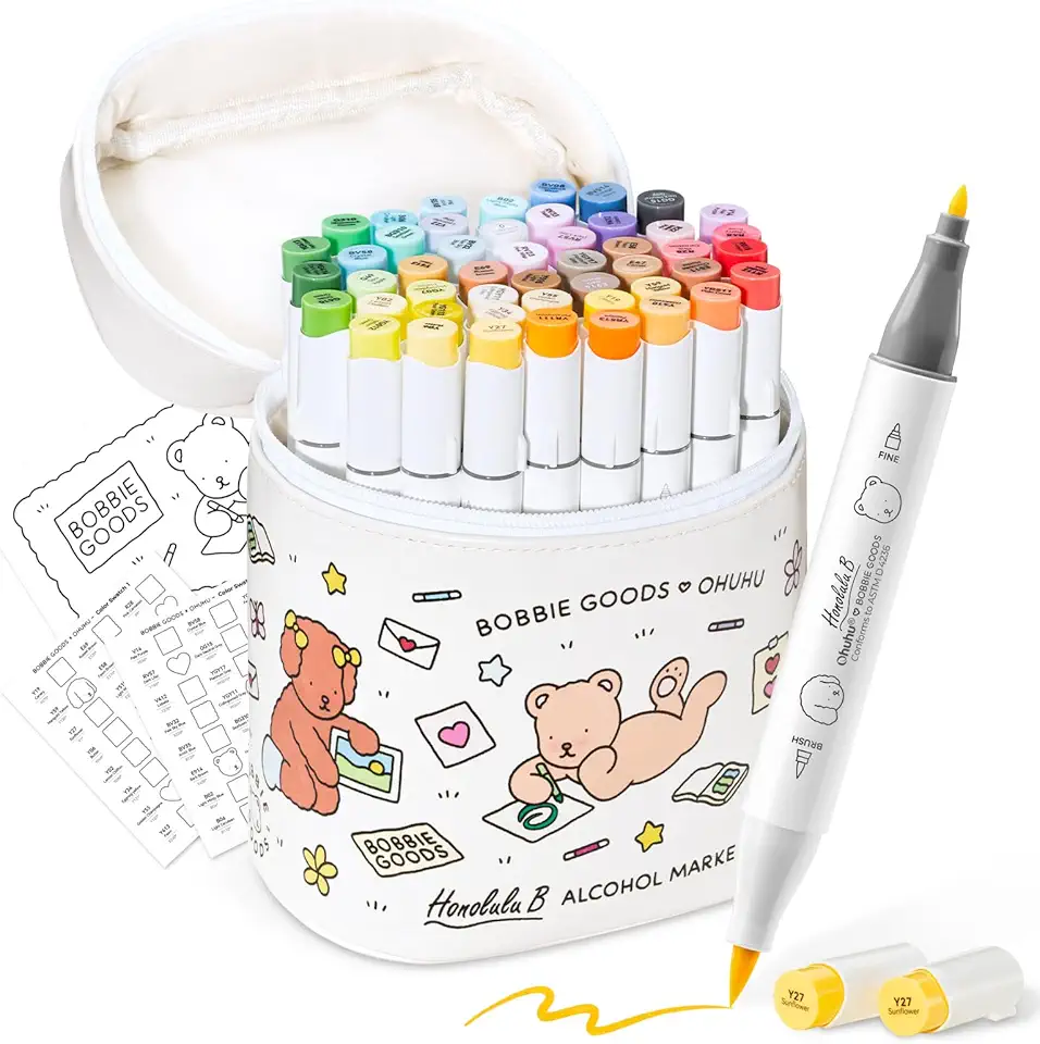 Canetas para Pintar Ohuhu & Bobbie Goods: pincel e cinzel, conjunto de marcadores de álcool de 48 cores para artistas iniciantes, pontas duplas para livros de colorir, desenhar, esboçar, ilustrar