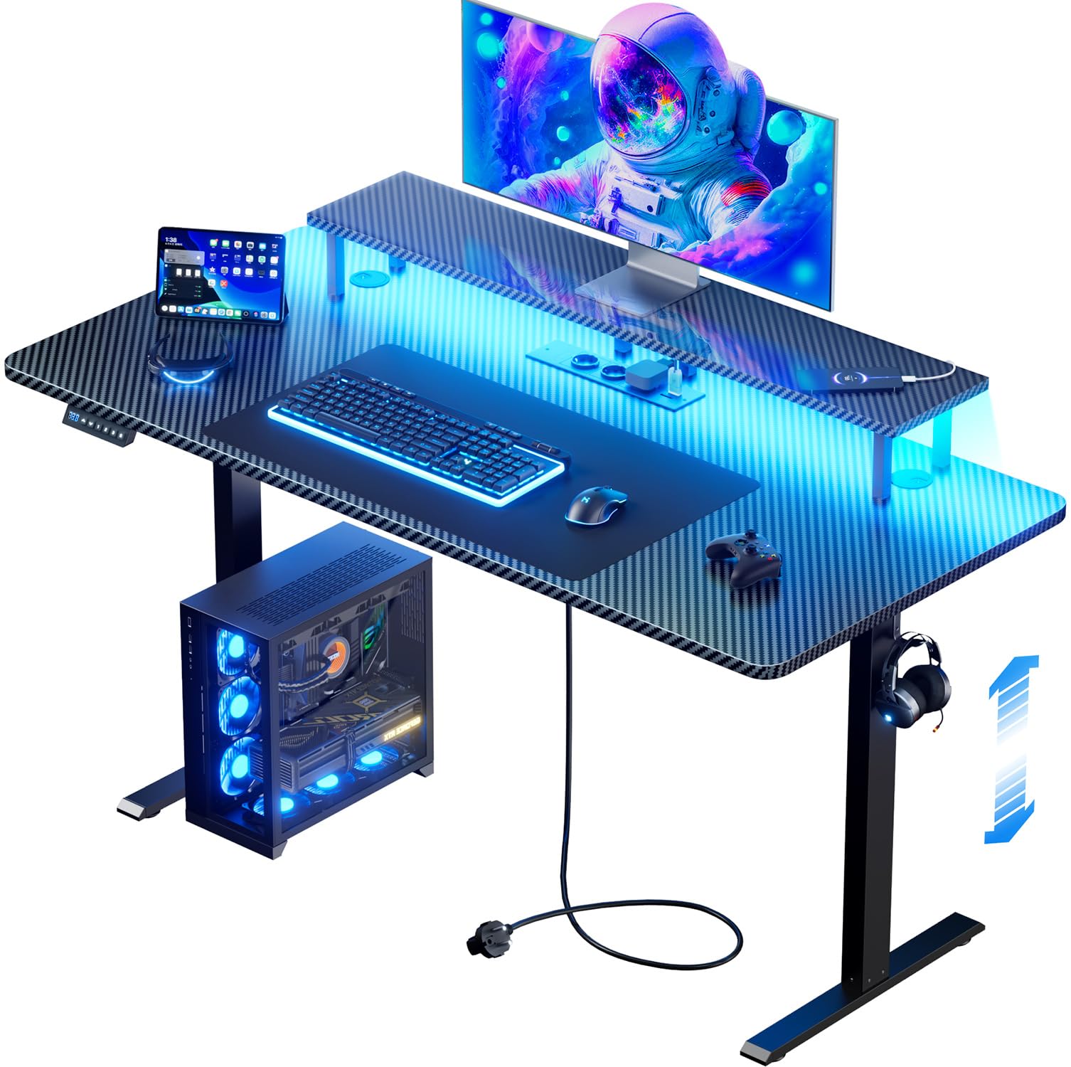 HLFURNIEU Escritorio Elevable Electrico LED 120 x 60 cm, Mesa Gaming con Toma de Corriente, Soporte para Monitor, 3 Control de Memoria, Superficie de Fibra de Carbono, Escritorio Gaming Negro