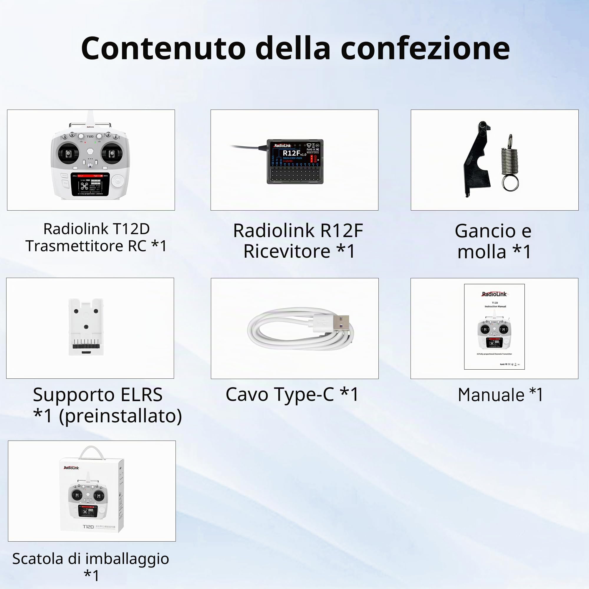 Radiolink T12D Trasmettitore RC 12CH e Ricevitore R12F, Radiocomando 2.4GHz Portata 4km, 50 Memorie Modelli, Supporta Moduli ELRS/TBS Crossfire per Droni, Aerei, Auto e Barche (Modo 2)