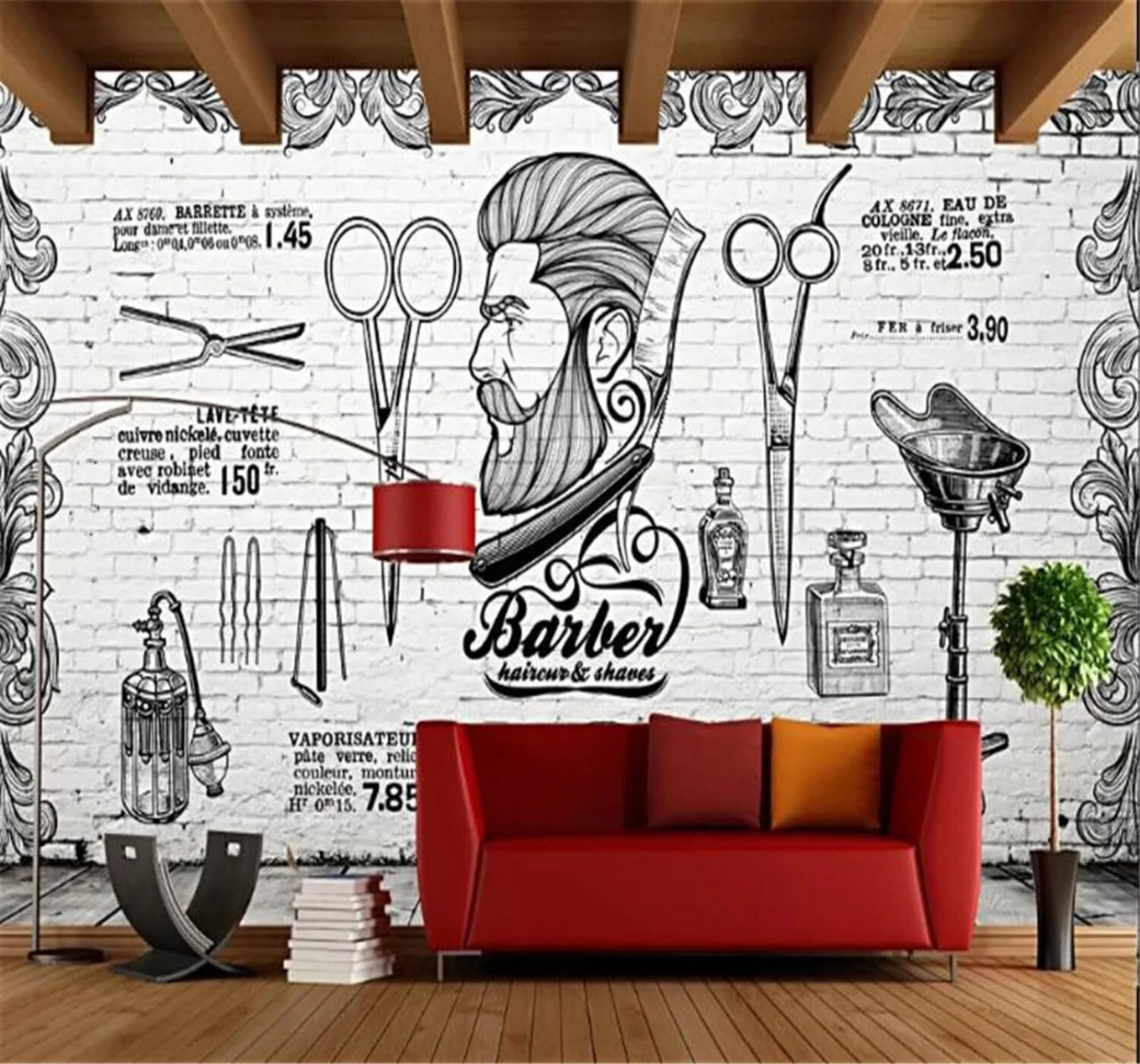 Tzxztt Vintage Brick Wall Hand Painted Trendy Barbershop Modern 3D Wallpaper Premium Textured Silk Neutral Tones Material Ideal for Living Room Bedroom-400cm×280cm