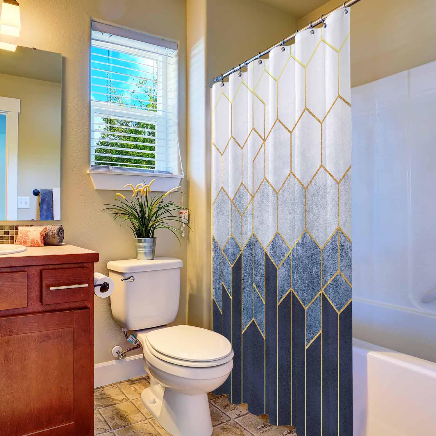 Woutay Shower Curtain Mould Proof Resistant Blue Hexagons Geometric Pattern,Water Repellant Fabric,Polyester,with 12 Plastic Hooks,Size 180x180CM - Image 4