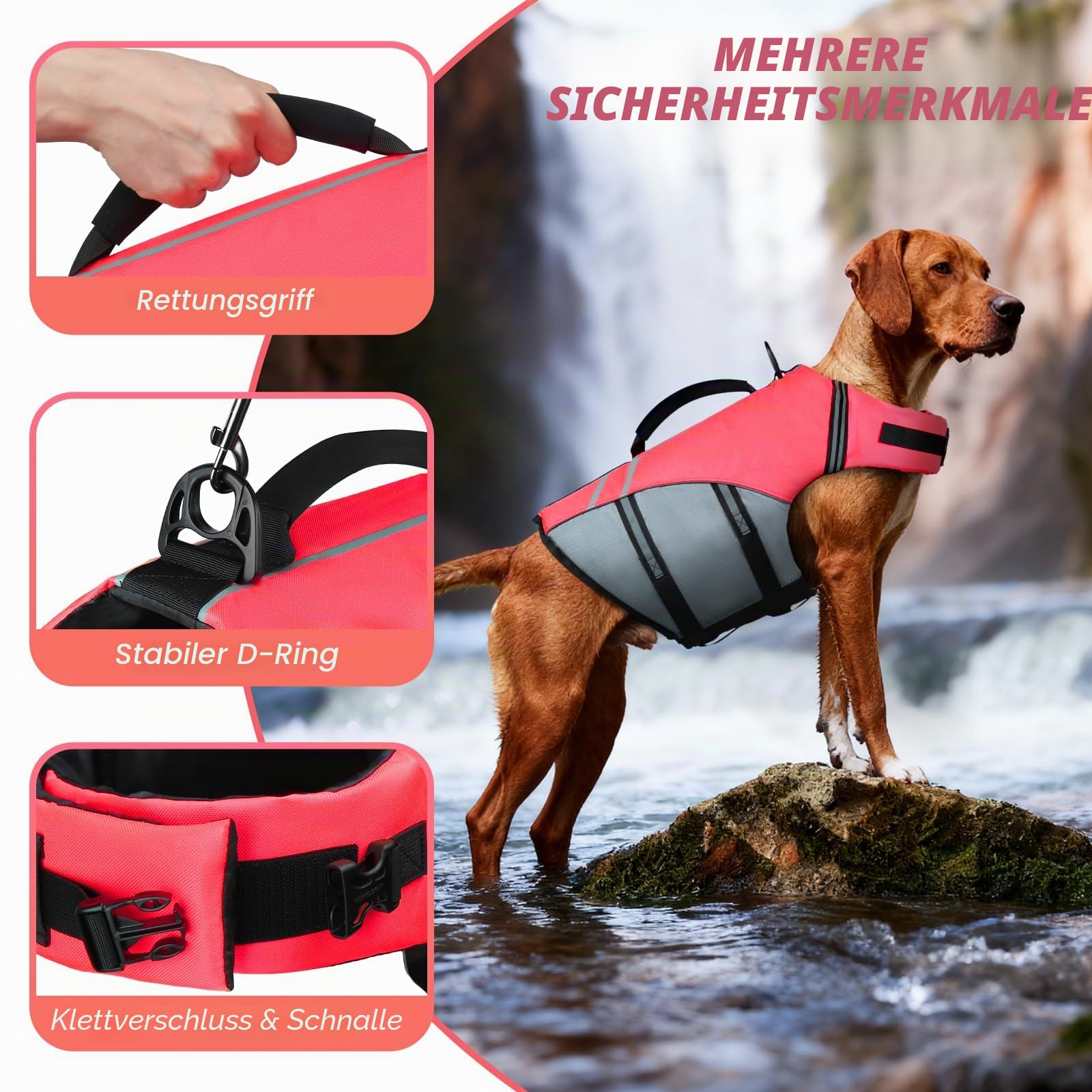 VIVAGLORY Sports Style Hundeschwimmweste, Rettungswesten Für Hunde Bootfahren, Auftrieb & Schwimmhilfe, Schwimmweste, S, Neon-Rosa | Schwimmhilfe mit Leinen-Ring und Griff zum Schwimmen und Bootfahren, reflektierend, verstellbar, für Hunde