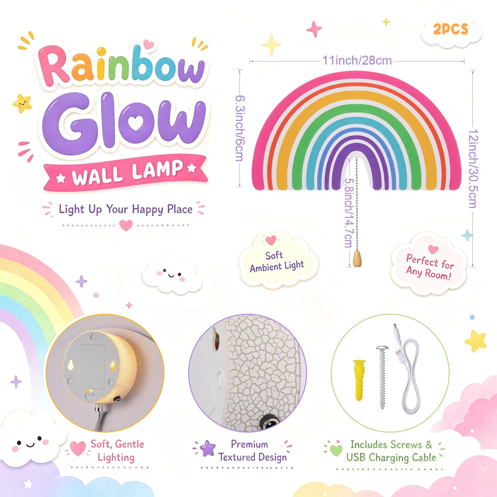Nuanchu 2 luces de noche arcoíris para niñas, bonita lámpara LED flotante para decoración de habitación de niños, guardería, luz nocturna con batería o USB, para pared, dormitorio, mesa, oficina