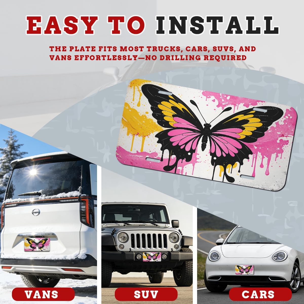 Butterfly Graffiti Art Front License Plate Pink Yellow Drip Paint Aesthetic Street Style Car License Plates Aluminum Metal Decor Accessory Novelty Vanity Tag Cover with 4 Holes for Men Women 6" X 12" image 3