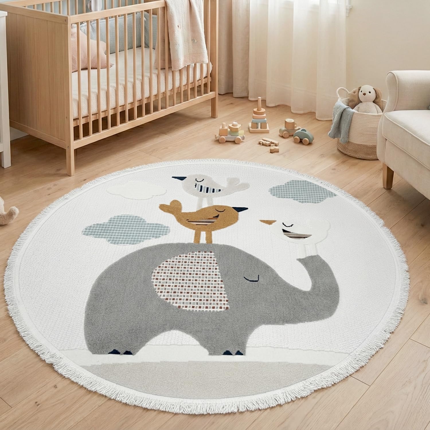 Alfombra Infantil Redonda Habitación Niña Niño Dormitorio Animales Elefante Nubes Estrellas Arcoiris 160cm Gris Marrón Ocre Azul