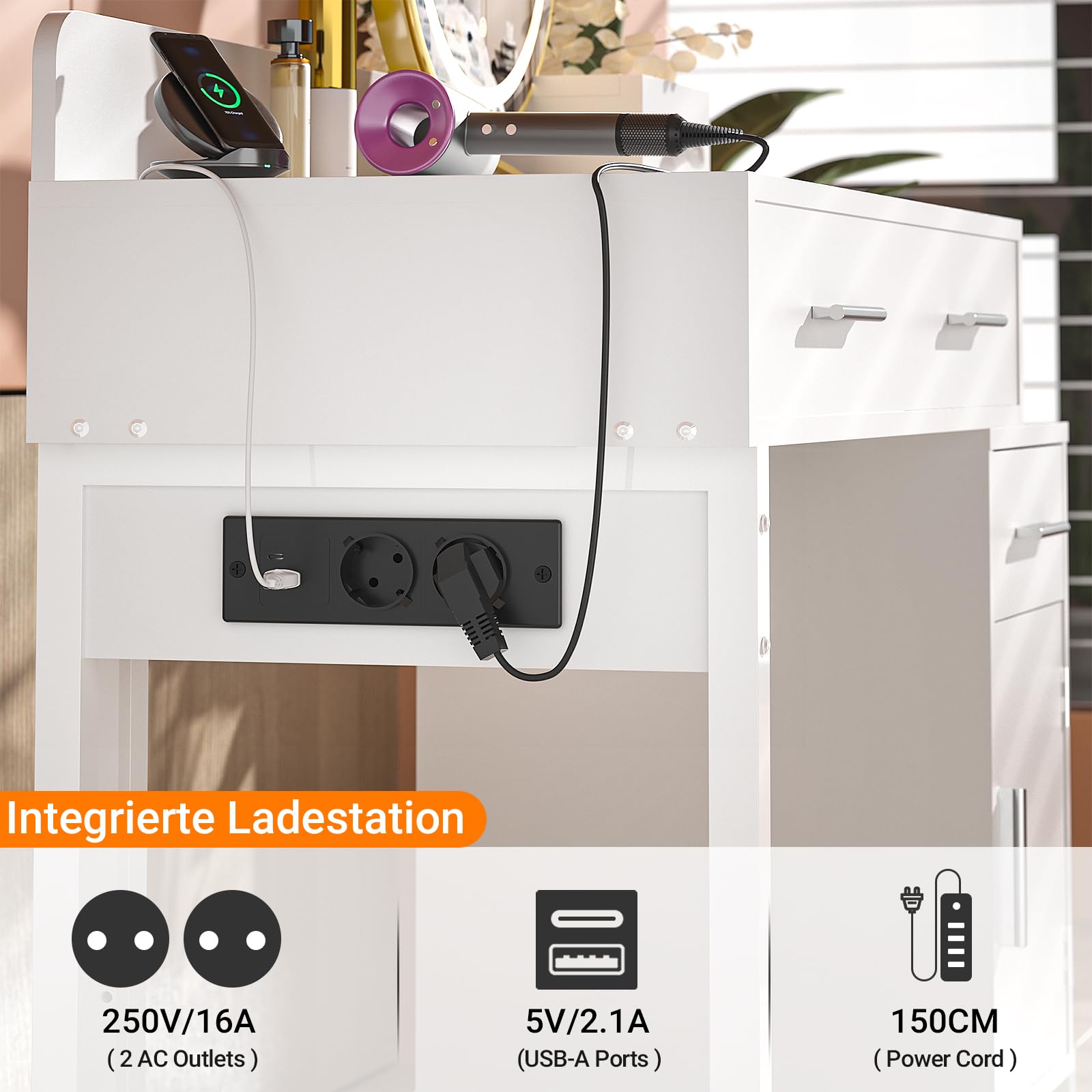 iSunirm Schminktisch ohne Spiegel, Kleiner Kosmetiktisch Weiß mit Steckdosen & 2 USB-Ports, Frisiertisch mit 4 Schubladen und reversiblem Seitenschrank, Vanity Desk/Schreibtisch für Schlafzimmer